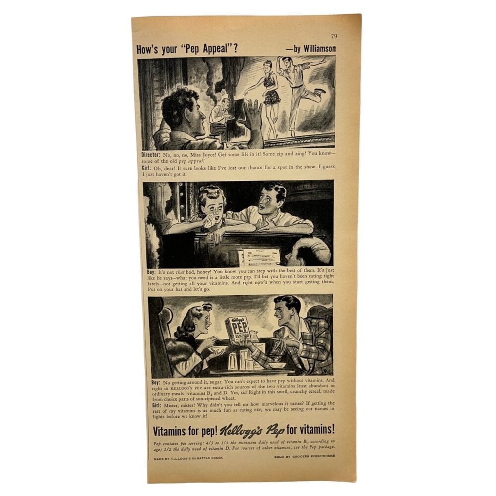 Kelloggs Pep Cereal Vintage Print Ad 40s Food Advertising Vitamins